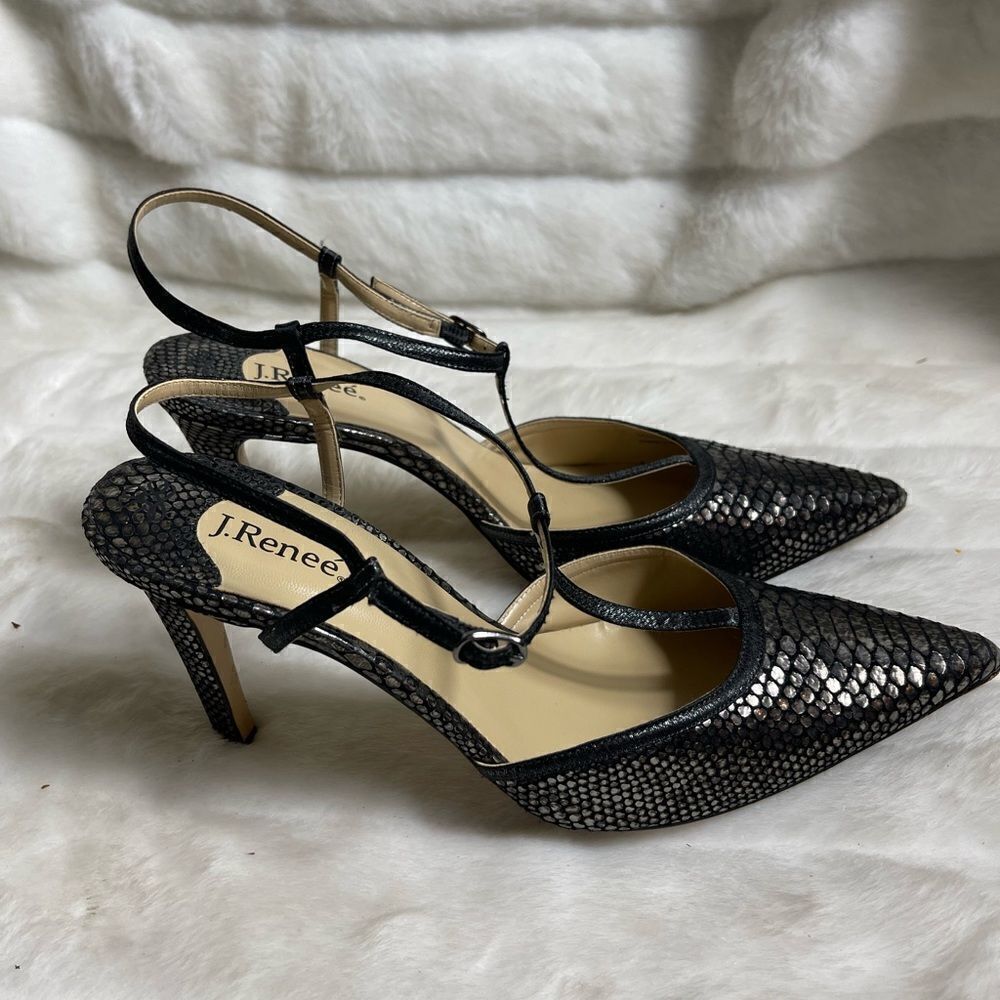 J Renée faux snake skin metallic bronze black and silver T strap  heels size11M